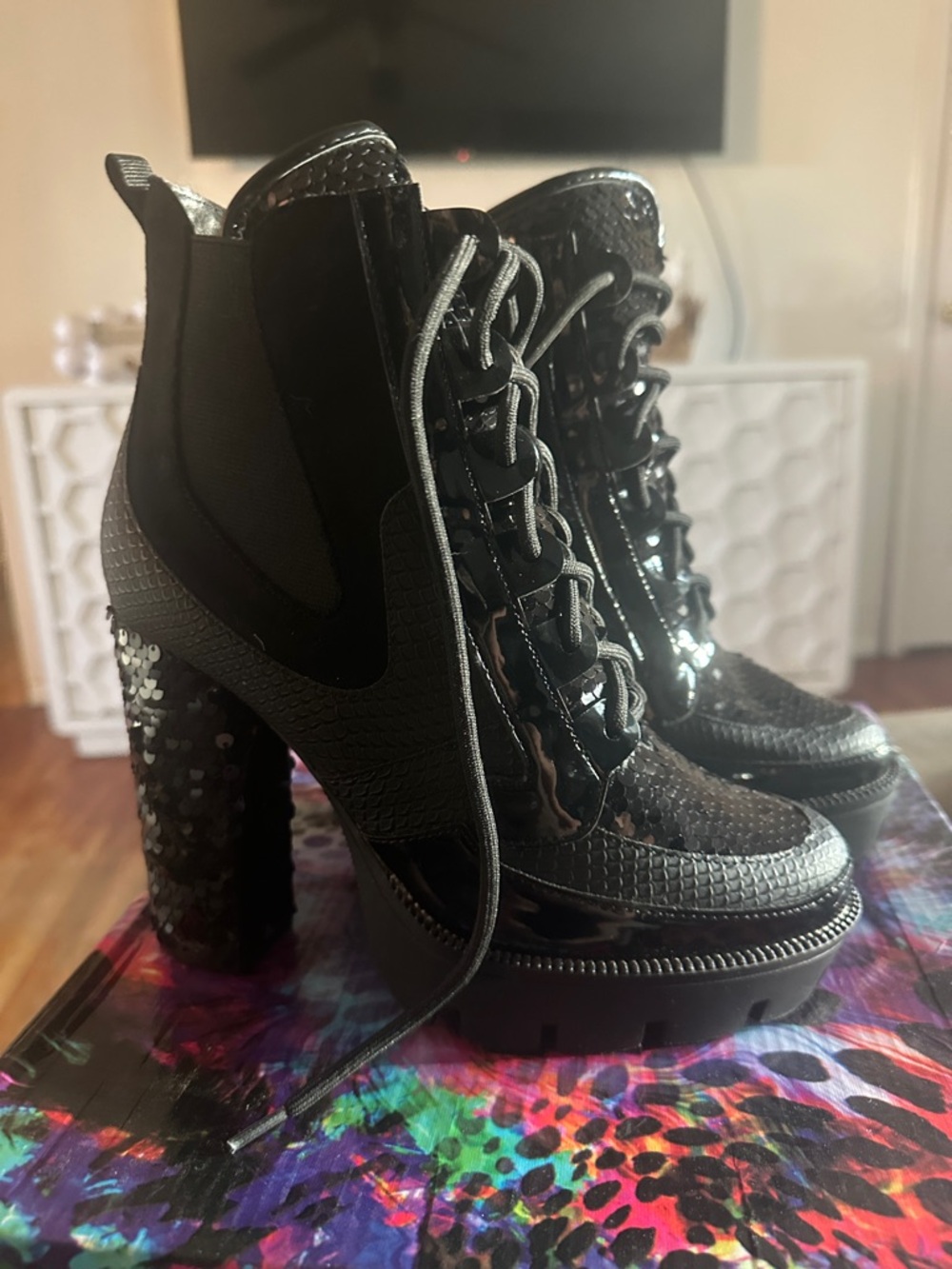 Black Sequined Platform Lace-Up High Heel Boots